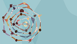 Illustration of diverse people holding hands and forming a spiral shape on a blue background. The spiral tightens toward the center, symbolizing unity, connection, and community.