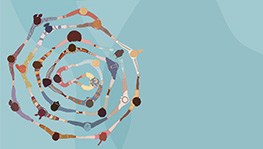 Illustration of diverse people holding hands and forming a spiral shape on a blue background. The spiral tightens toward the center, symbolizing unity, connection, and community.